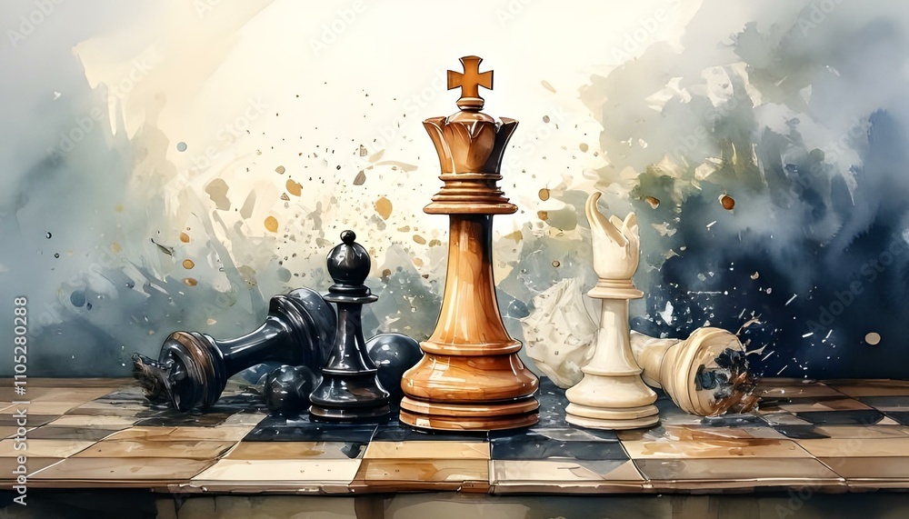 A watercolor painting of a chessboard with several chess pieces. The black king, queen, and rook stand tall, while a fallen black pawn lies on its side A watercolor painting of a chessboard with several chess pieces. The black king, queen, and rook stand tall, while a fallen black pawn lies on its side