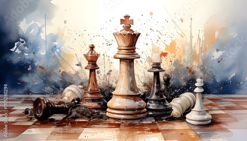 A watercolor painting of a chessboard with several chess pieces. The black king, queen, and rook stand tall, while a fallen black pawn lies on its side
