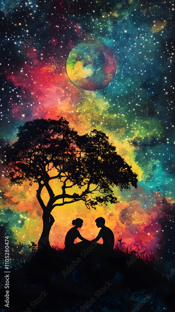 Fototapeta premium A silhouette of two people sitting under an old tree, with the background filled by vibrant colors representing different elements like water and fire