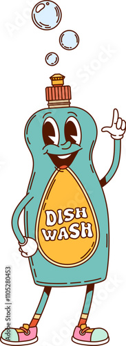 Groovy dish wash bottle household character. Cartoon vector liquid for cleaning and washing. Isolated retro personage with smile and finger up gesture. Friendly detergent container ready for chores