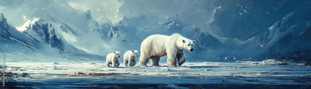 A polar bear and her cubs walking on ice, in the arctic landscape A polar bear and her cubs walking on ice, in the arctic landscape