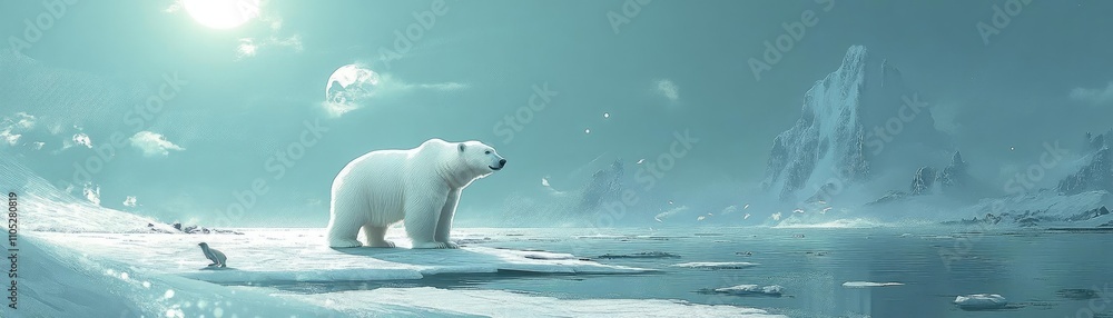 Fototapeta premium A polar bear standing on ice, surrounded by snow and arctic waters