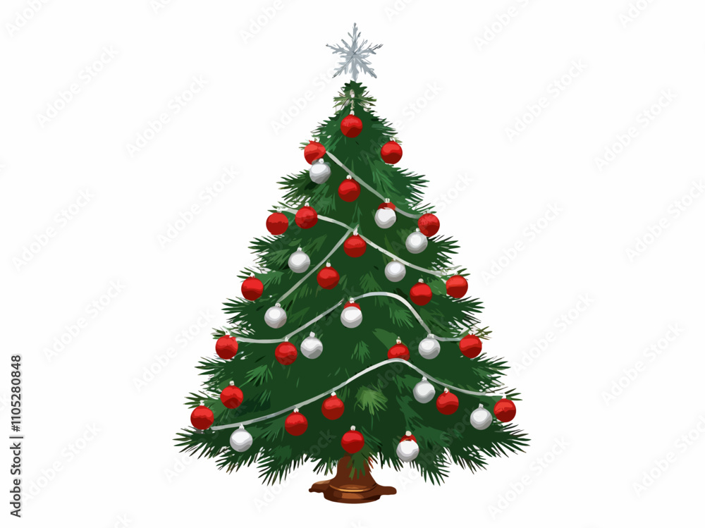 Elegant Vector Christmas Tree with Snow-Tipped Branches, Silver and Red Ornaments Elegant Vector Christmas Tree with Snow-Tipped Branches, Silver and Red Ornaments