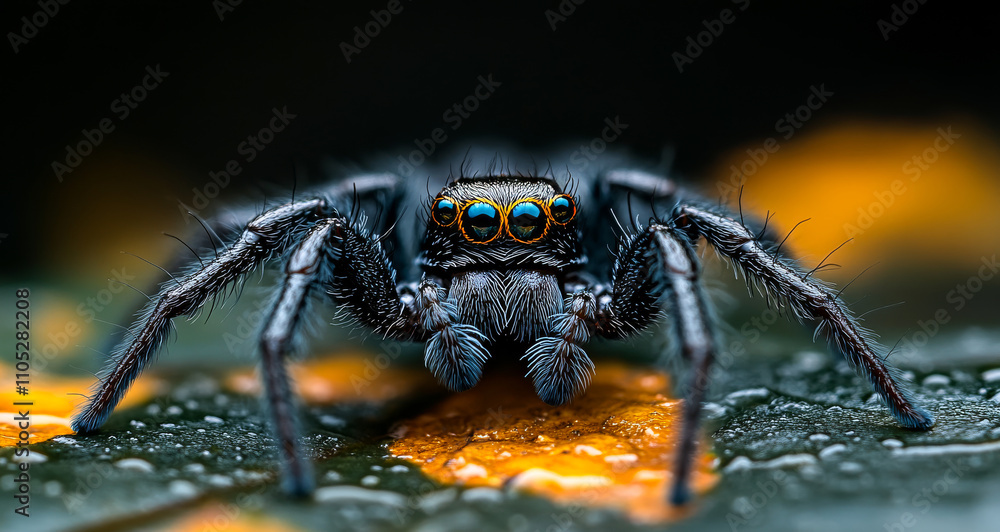 A spider is standing on a leaf. The spider is black and has blue eyes. The spider is looking at the camera A spider is standing on a leaf. The spider is black and has blue eyes. The spider is looking at the camera