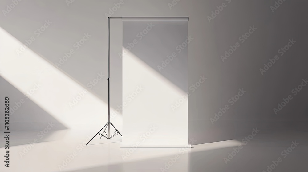 A minimalist studio setup with a blank white backdrop, perfect for showcasing products or creative projects. Sunlight streams through the window, casting dramatic shadows on the walls. A minimalist studio setup with a blank white backdrop, perfect for showcasing products or creative projects. Sunlight streams through the window, casting dramatic shadows on the walls.
