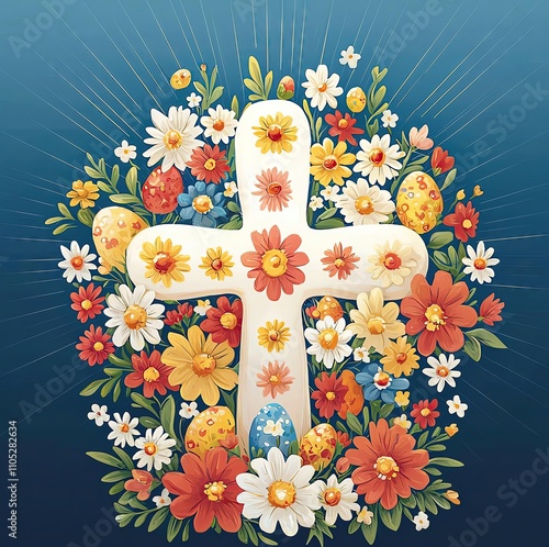 Easter theme Easter cross with colorful flowers and eggs. easter concept design photo