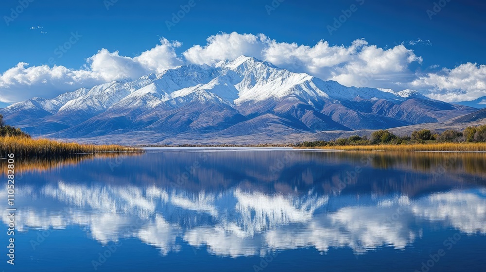 A snowy mountain range reflected in a lake, creating a mirror image A snowy mountain range reflected in a lake, creating a mirror image