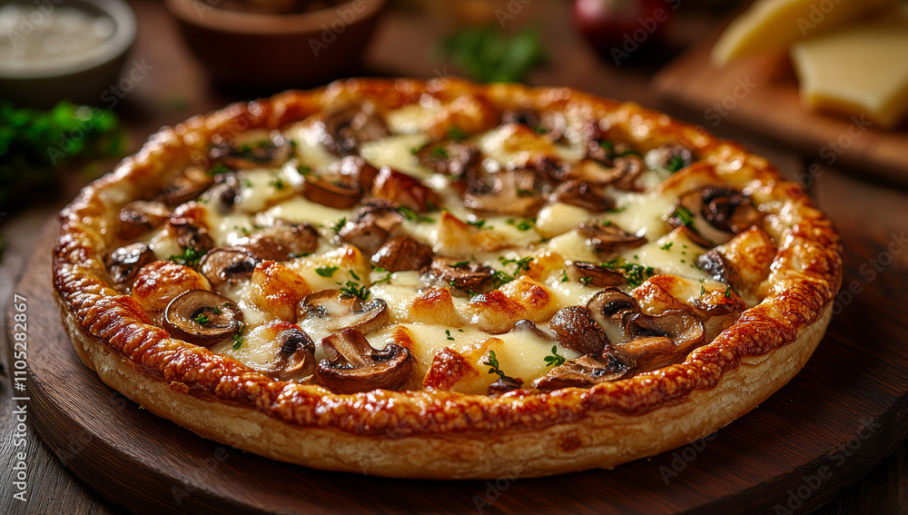 A mushroom pizza with cheese and herbs on top. The pizza is sitting on a wooden cutting board A mushroom pizza with cheese and herbs on top. The pizza is sitting on a wooden cutting board
