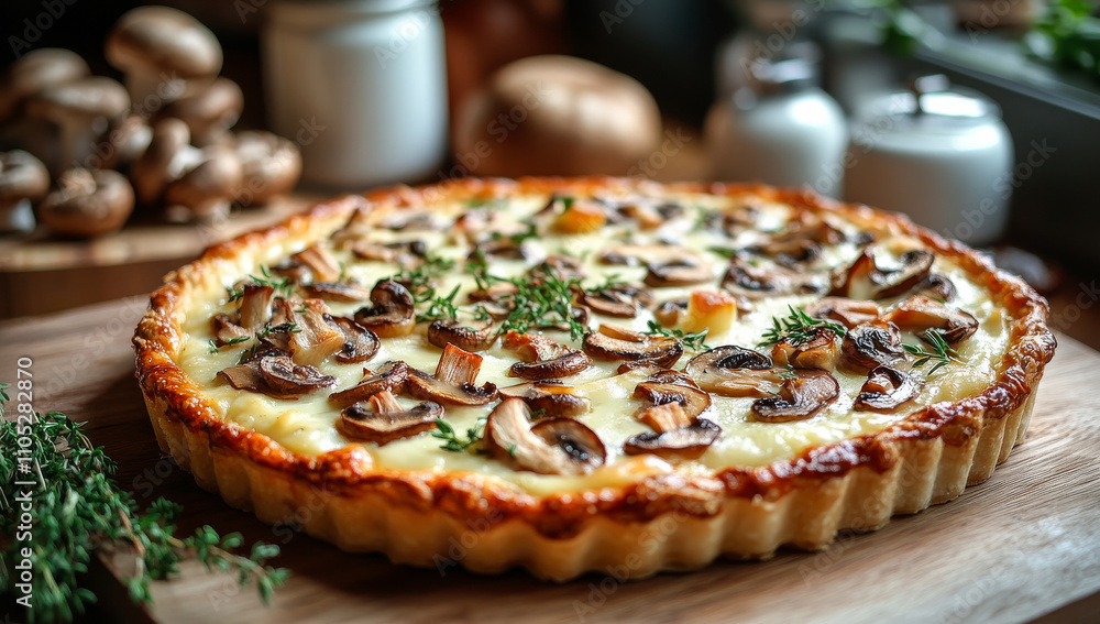 A mushroom pie sits on a wooden table. The pie is covered in mushrooms and herbs. The table is surrounded by mushrooms and other food items A mushroom pie sits on a wooden table. The pie is covered in mushrooms and herbs. The table is surrounded by mushrooms and other food items