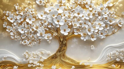 3D floral tree art with white blossoms, golden branches. Sophisticated, decorative design. Beautiful, luxurious. Intricate details, elegant forms. Ideal for modern interior designs. High quality AI