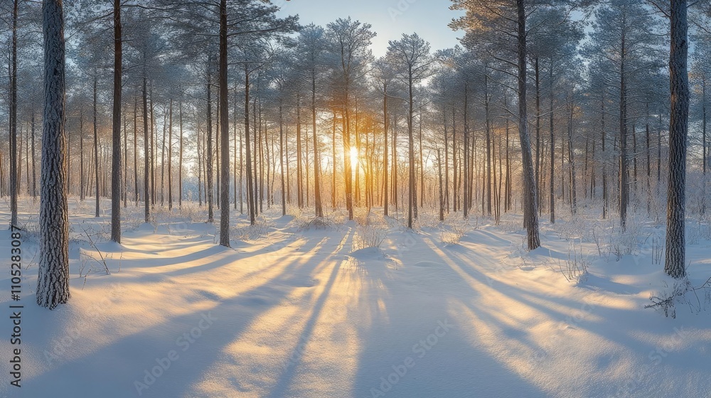 Naklejka premium A snowy pine forest at dusk, with shadows stretching long