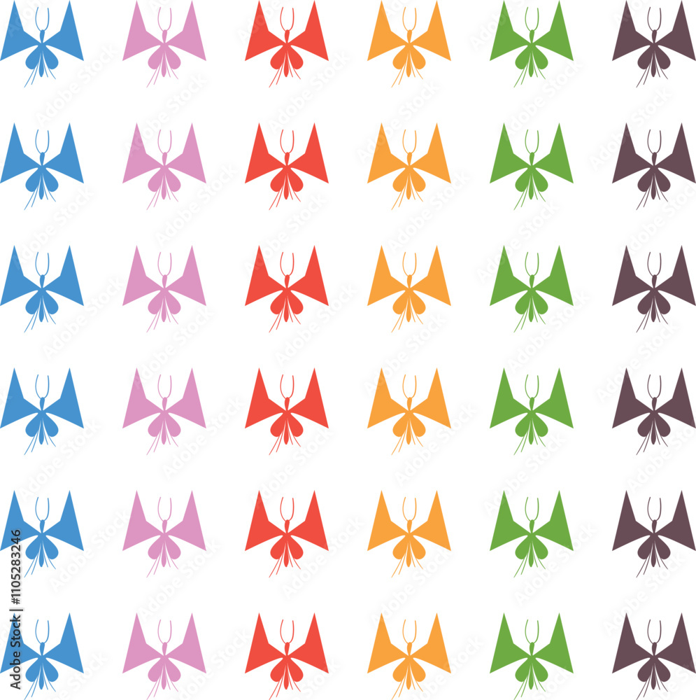 Obraz premium Coloured insects or butterflies with pointed or angular wings.