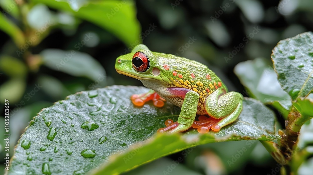 Obraz premium A tree frog on a leaf, with vibrant green and red markings