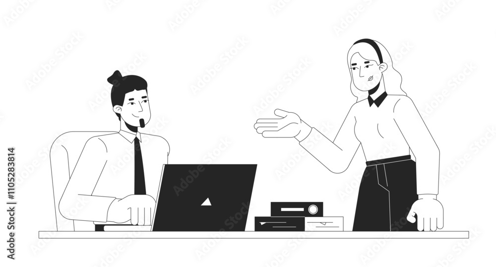 Male supervisor and female intern positive communication black and white 2D line characters. Internship business caucasian adults isolated vector outline people. Monochromatic spot illustration Male supervisor and female intern positive communication black and white 2D line characters. Internship business caucasian adults isolated vector outline people. Monochromatic spot illustration