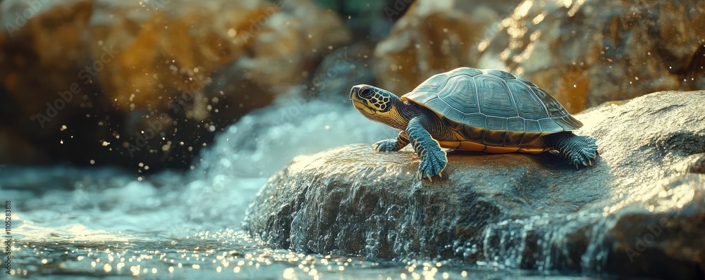 Obraz premium A turtle sunbathing on a rock, with water gently lapping below
