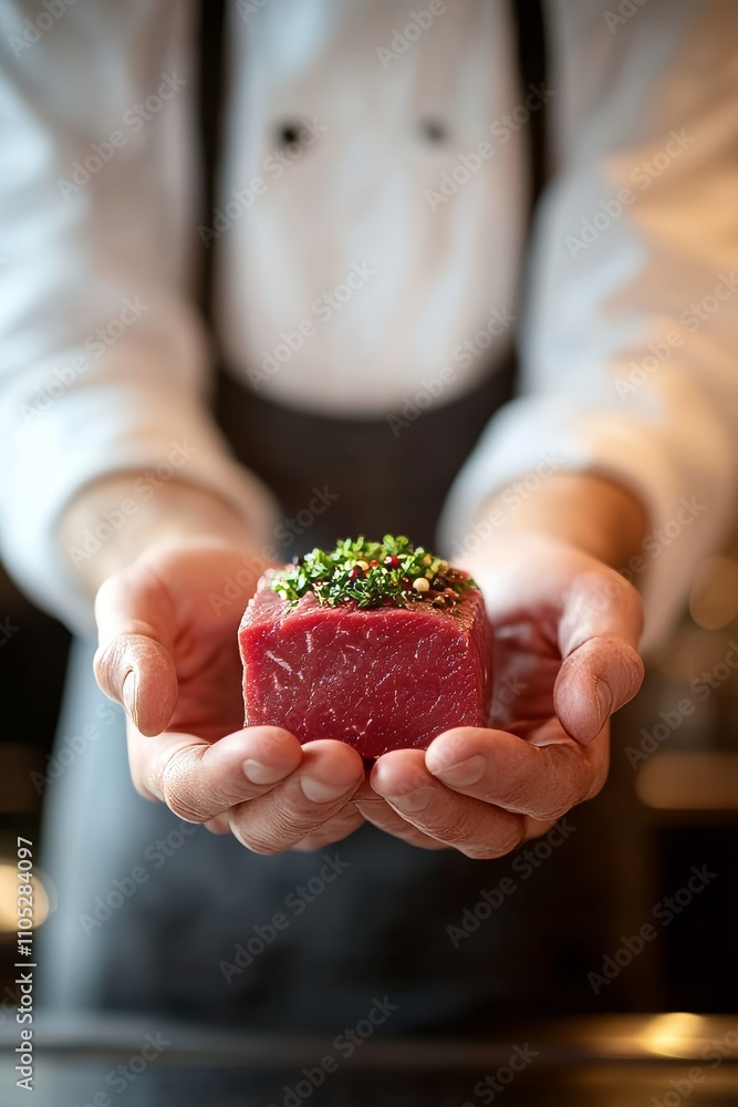 Chef Hands Presenting Premium Raw Steak Garnished with Fresh Herbs, Fine Dining Concept Chef Hands Presenting Premium Raw Steak Garnished with Fresh Herbs, Fine Dining Concept