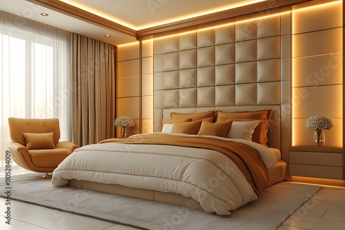 Elegant bedroom with large wardrobe