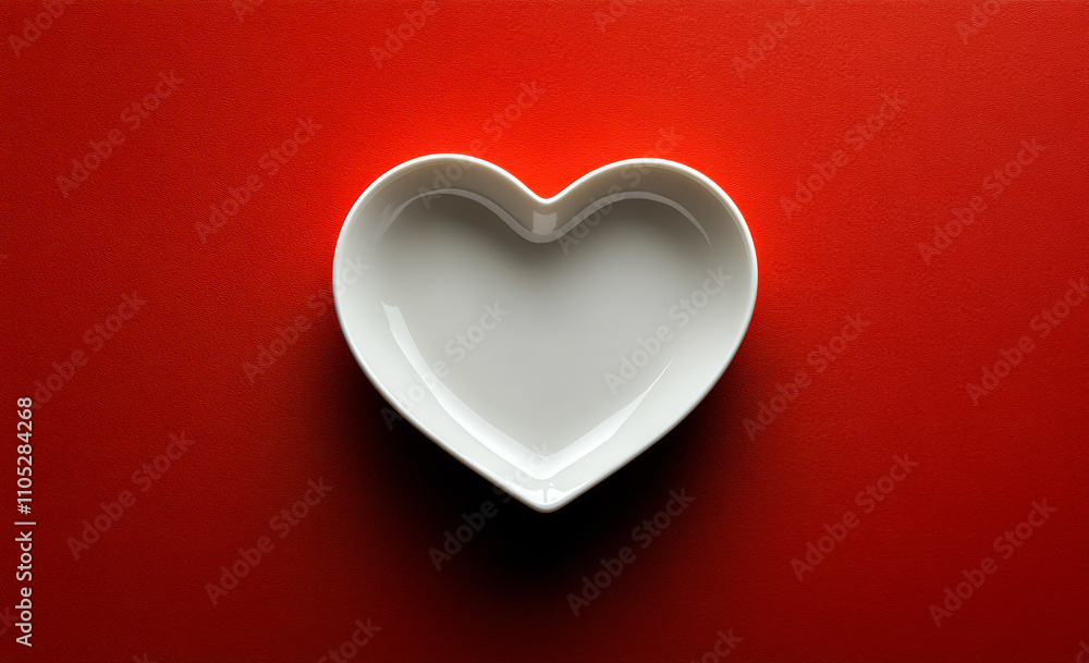 A white bowl with a heart shape sits on a red background. The bowl is empty, but it gives off a sense of warmth and love A white bowl with a heart shape sits on a red background. The bowl is empty, but it gives off a sense of warmth and love