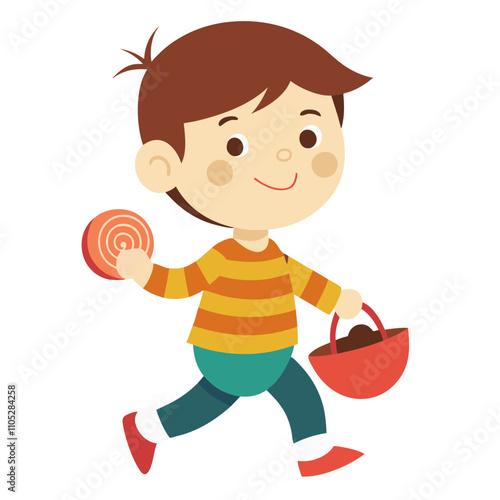  illustration of a little boy carrying candy