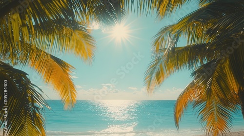 Wallpaper Mural Sunny tropical beach scene viewed through palm fronds. Torontodigital.ca