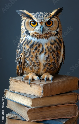 Wallpaper Mural A large owl is perched on top of a stack of books. The owl's eyes are wide open, and it is staring at the camera. Concept of curiosity and intelligence Torontodigital.ca