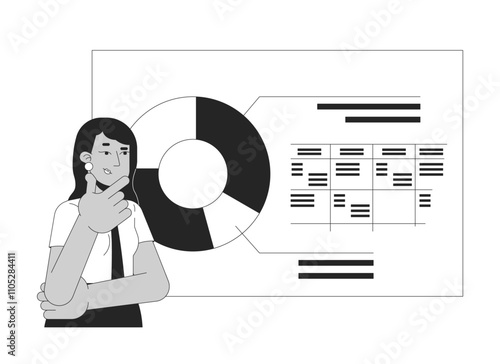 Indian woman office worker interpreting data black and white 2D line character. South asian female analyst looking at presentation chart isolated vector outline person. Monochromatic spot illustration