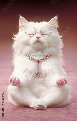 A luxurious white cat is sitting in a meditative yoga pose, exuding elegance and tranquility.  Postcard, poster. Generated by AI.