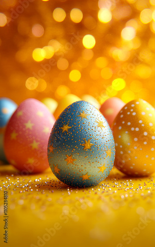 A group of decorated eggs are sitting on a yellow background. The eggs are decorated with stars and glitter, and they are arranged in a row. Concept of festivity and celebration