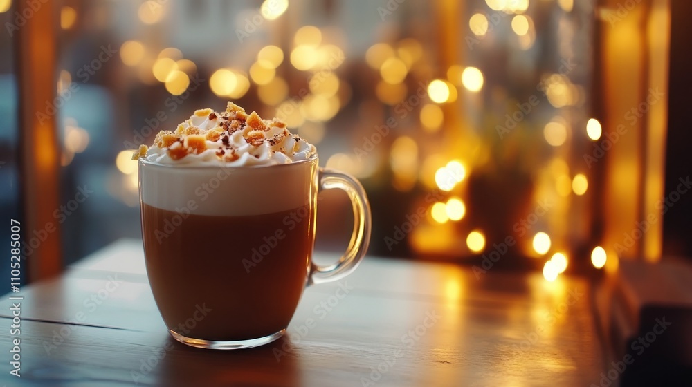 Obraz premium Butterscotch latte with caramelized sugar topping, cozy modern coffee shop background