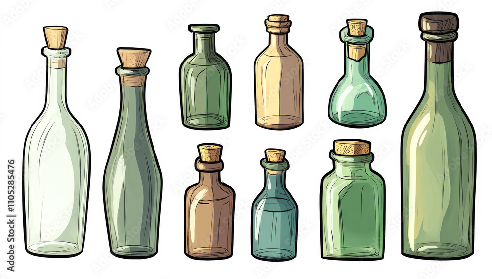 A row of green and brown glass bottles with cork stoppers. The bottles are lined up next to each other, with some of them being taller than others. Scene is one of simplicity and elegance A row of green and brown glass bottles with cork stoppers. The bottles are lined up next to each other, with some of them being taller than others. Scene is one of simplicity and elegance