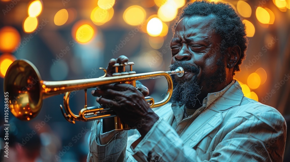 Obraz premium A black man playing a golden trumpet on a jazz bar stage.