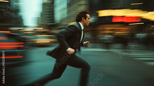 Man in a suit is running across a busy city street. The scene is fast-paced and energetic, with the man's movements capturing the viewer's attention