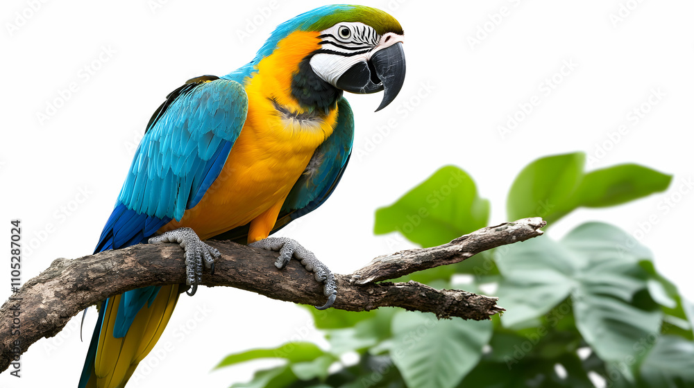 Vibrant Blue-and-Gold Macaw Perched on a Branch Against a White Background with Lush Greenery Vibrant Blue-and-Gold Macaw Perched on a Branch Against a White Background with Lush Greenery