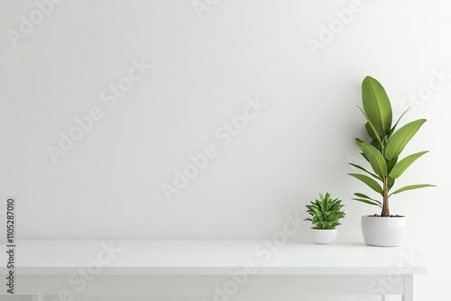 Minimalist desk with two potted plants on white background