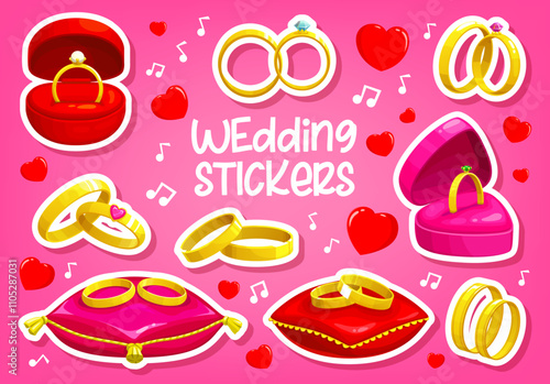 Marriage, engagement and wedding rings stickers pack on pink hearts vector background. Cartoon gift boxes and jewelry display pillows with gold wedding and engagement rings with diamond gems
