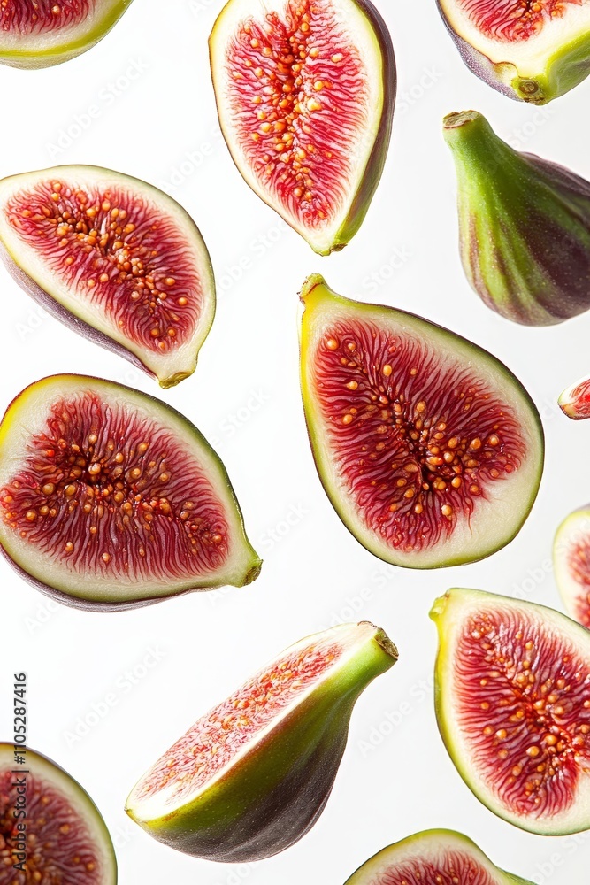 Ripe Fig Halves, Cascading and Scattered, on Seamless White with Vibrant Juicy Detail Ripe Fig Halves, Cascading and Scattered, on Seamless White with Vibrant Juicy Detail