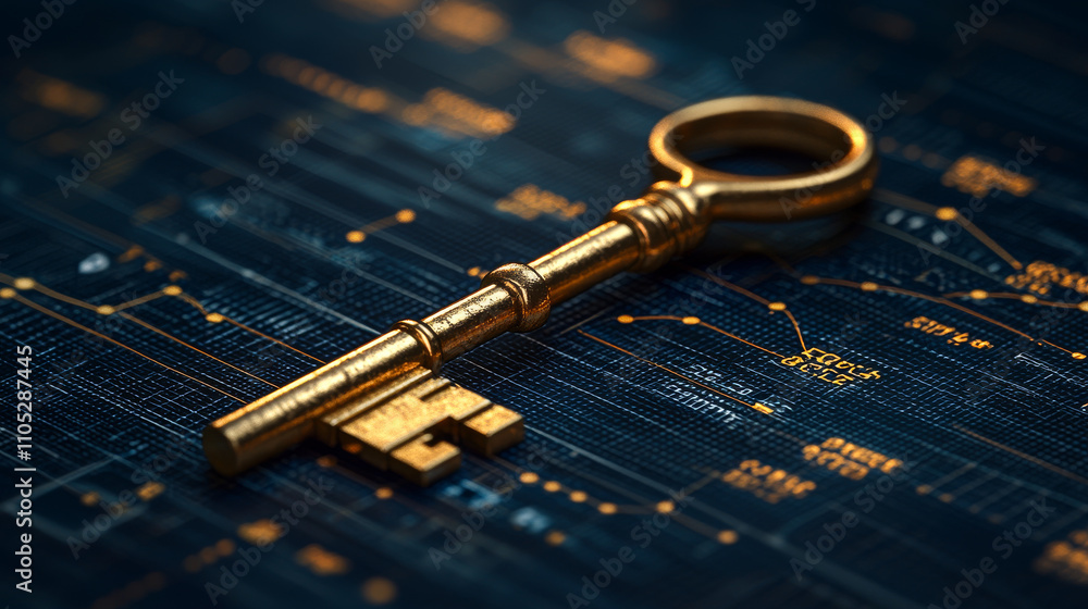 A golden key is on a black background with a lot of numbers and lines. The key is the main focus of the image, and it is a symbol of unlocking or accessing something A golden key is on a black background with a lot of numbers and lines. The key is the main focus of the image, and it is a symbol of unlocking or accessing something