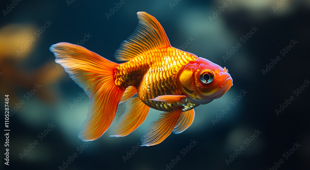 A goldfish swimming in a tank. The fish is swimming in the water and he is looking up A goldfish swimming in a tank. The fish is swimming in the water and he is looking up
