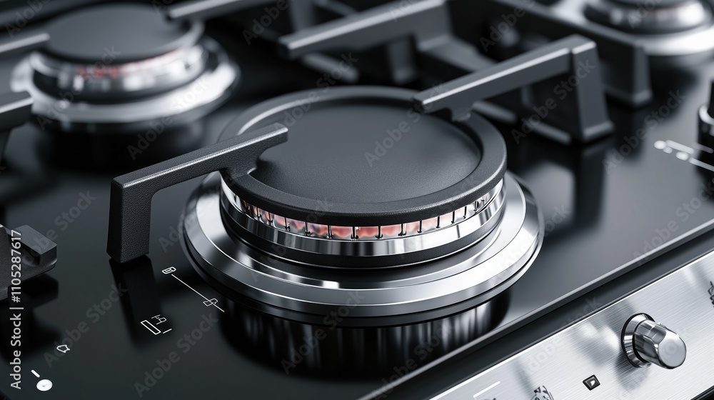 Modern Gas Stove With Stainless Steel Burners in Kitchen. Ideal for home cooking, culinary enthusiasts, and contemporary kitchens. Modern Gas Stove With Stainless Steel Burners in Kitchen. Ideal for home cooking, culinary enthusiasts, and contemporary kitchens.