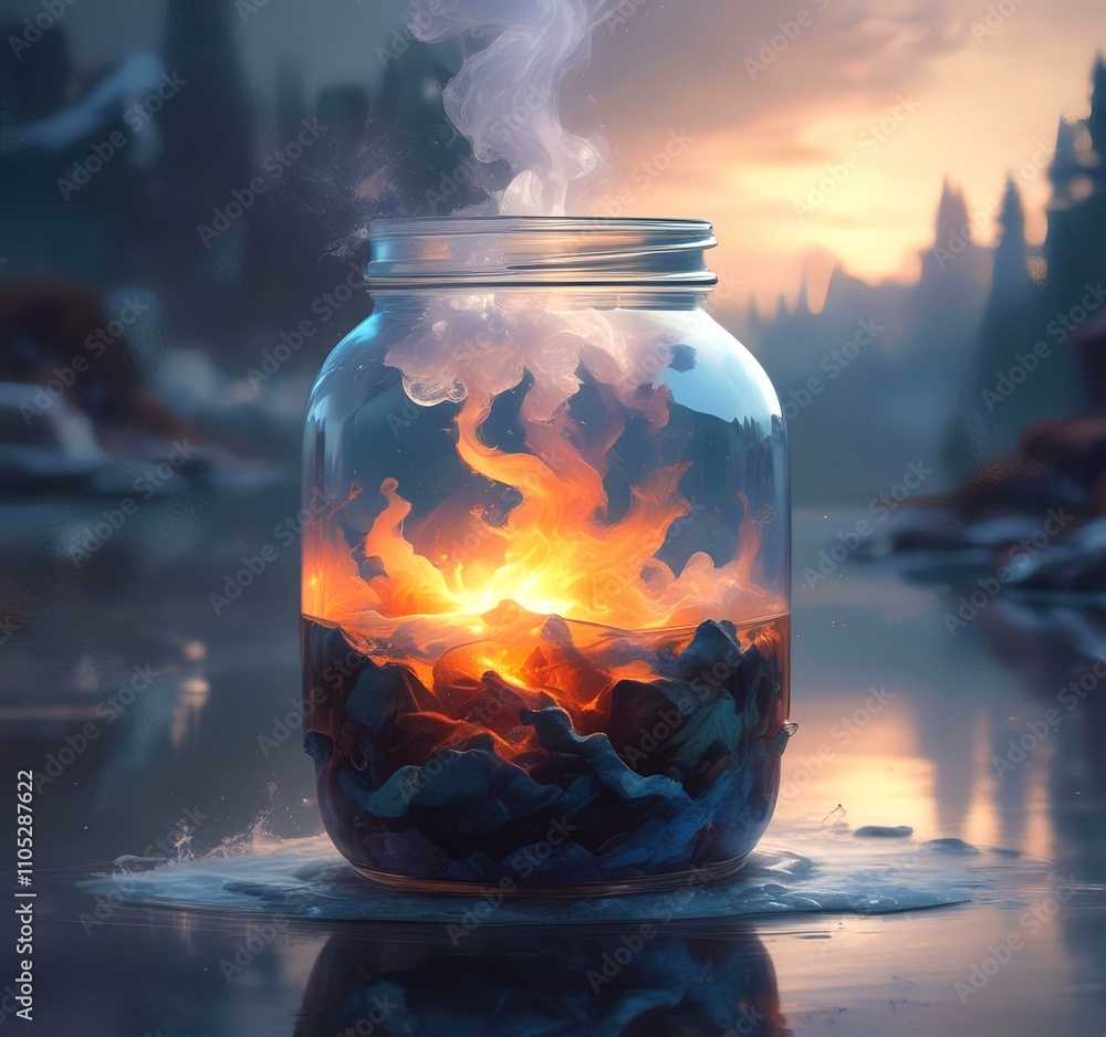 Illustration of glowing and magic dramatic smoke in jar with water reflection. Illustration of glowing and magic dramatic smoke in jar with water reflection.