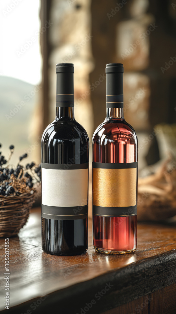 Two bottles of wine, one red and one pink, sit on a wooden table. The wine bottles are next to a basket of berries Two bottles of wine, one red and one pink, sit on a wooden table. The wine bottles are next to a basket of berries