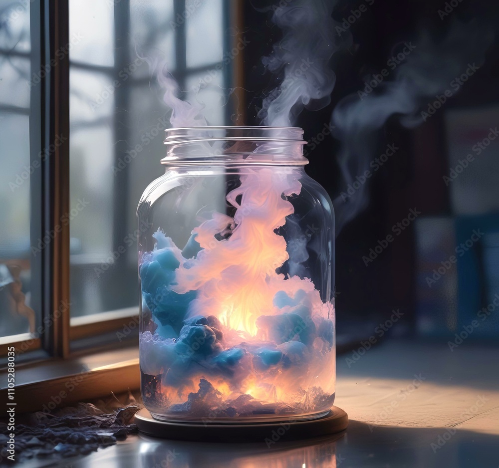 Illustration of glowing and magic dramatic smoke in jar with water reflection. Illustration of glowing and magic dramatic smoke in jar with water reflection.
