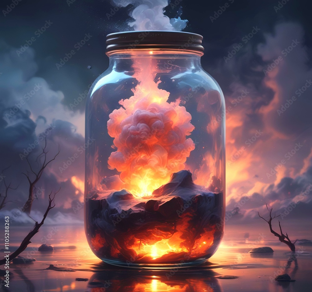 Illustration of glowing and magic dramatic smoke in jar with water reflection. Illustration of glowing and magic dramatic smoke in jar with water reflection.