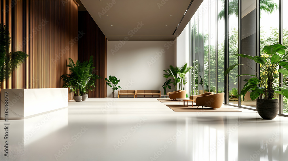 Modern Lobby Design: A 3D rendering showcases a minimalist reception area with sleek marble counters, earthy wooden walls, and lush potted plants, creating a tranquil and welcoming atmosphere. Modern Lobby Design: A 3D rendering showcases a minimalist reception area with sleek marble counters, earthy wooden walls, and lush potted plants, creating a tranquil and welcoming atmosphere.