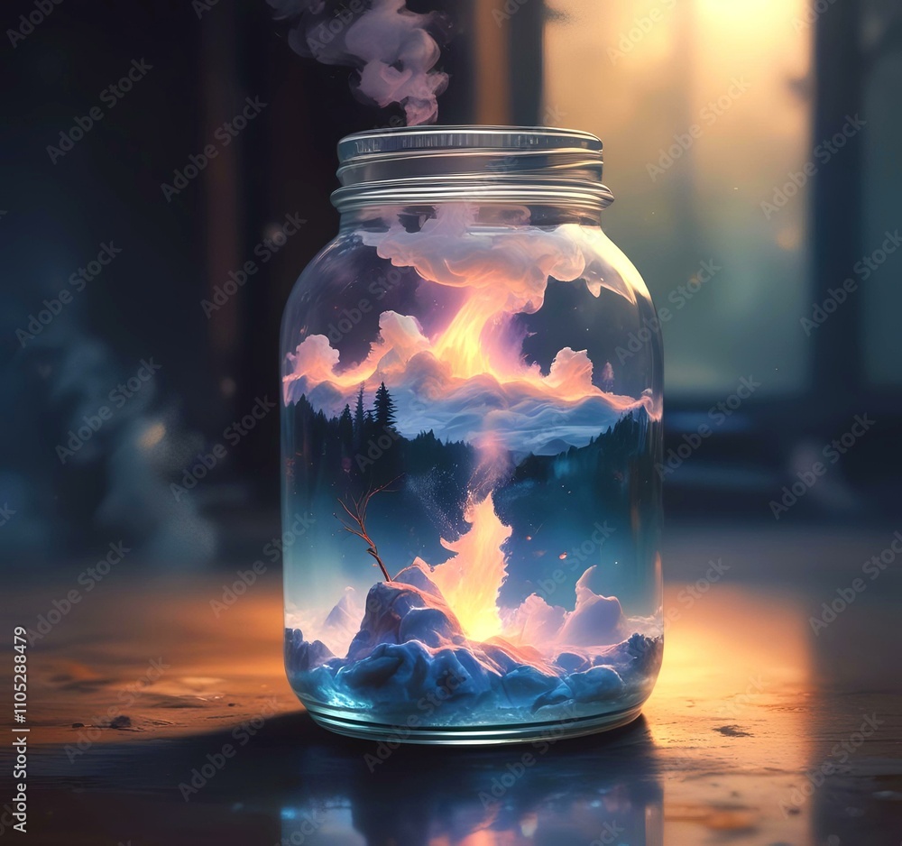 Illustration of glowing and magic dramatic smoke in jar with water reflection. Illustration of glowing and magic dramatic smoke in jar with water reflection.