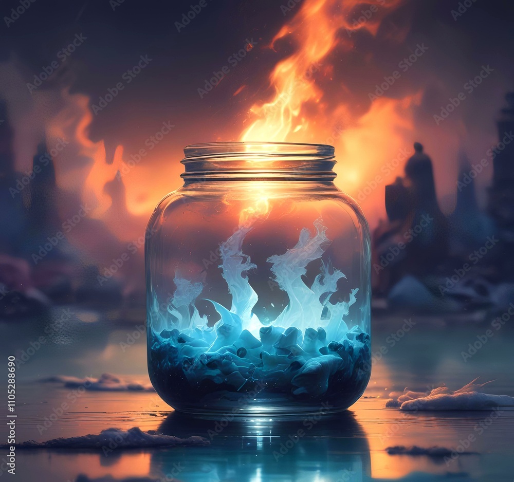 Illustration of glowing and magic dramatic smoke in jar with water reflection. Illustration of glowing and magic dramatic smoke in jar with water reflection.