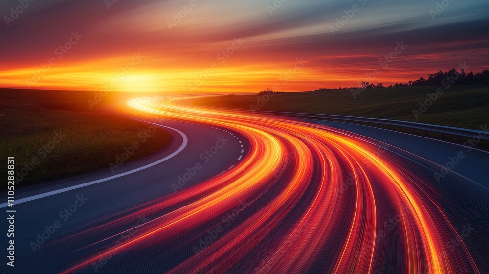 Speeding Towards the Future Data Flow on Road, Motion Blur Effect, Sunset Background Speeding Towards the Future Data Flow on Road, Motion Blur Effect, Sunset Background