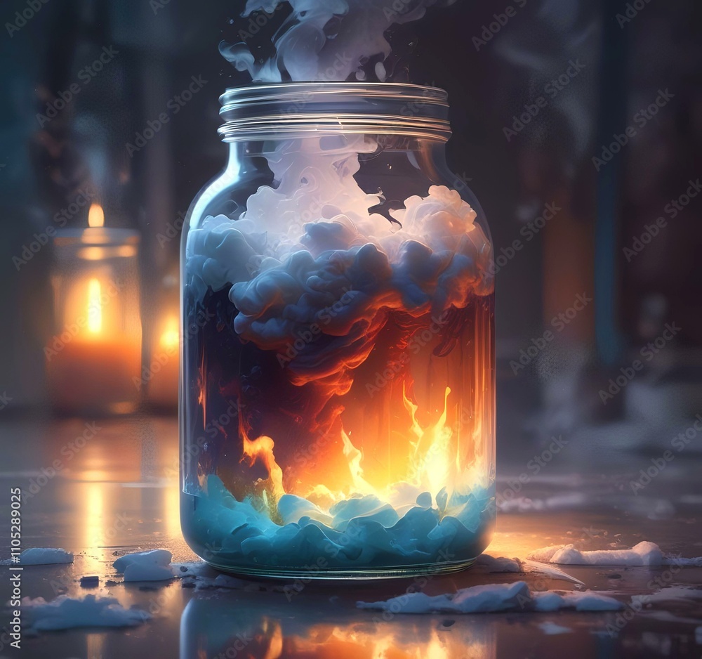 Illustration of glowing and magic dramatic smoke in jar with water reflection. Illustration of glowing and magic dramatic smoke in jar with water reflection.
