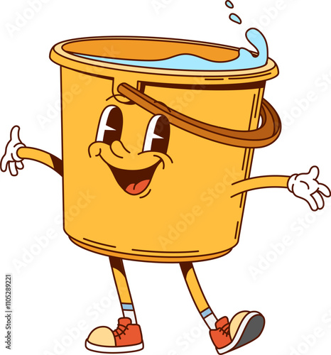 Groovy bucket household character with water and hippie shoes in playful pose. Isolated cartoon vector housekeeping retro personage ready for cleaning and washing chores, embodies y2k funky vibe