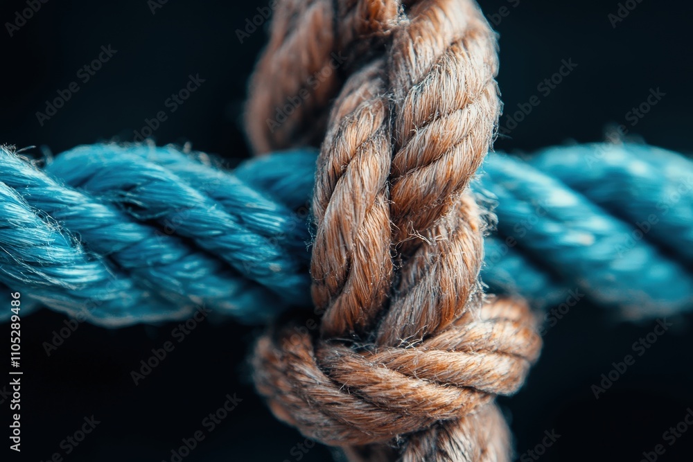 A close-up view of intricately intertwined ropes in blue and brown colors, showcasing the art of weaving and strength, reflecting uniqueness in its texture and visual appeal.